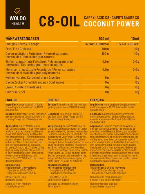 WoldoHealth C8 MCT 100% olej z kokosového oleje 500 ml