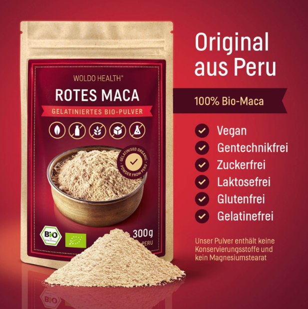 WoldoHealth Maca červená prášek BIO 300 g (hormonální rovnováha, odolnost, plodnost, energie)