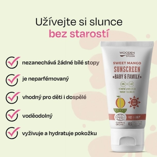 Wooden Spoon Opalovací tělové mléko Mango Baby & Family SPF 50,  150 ml