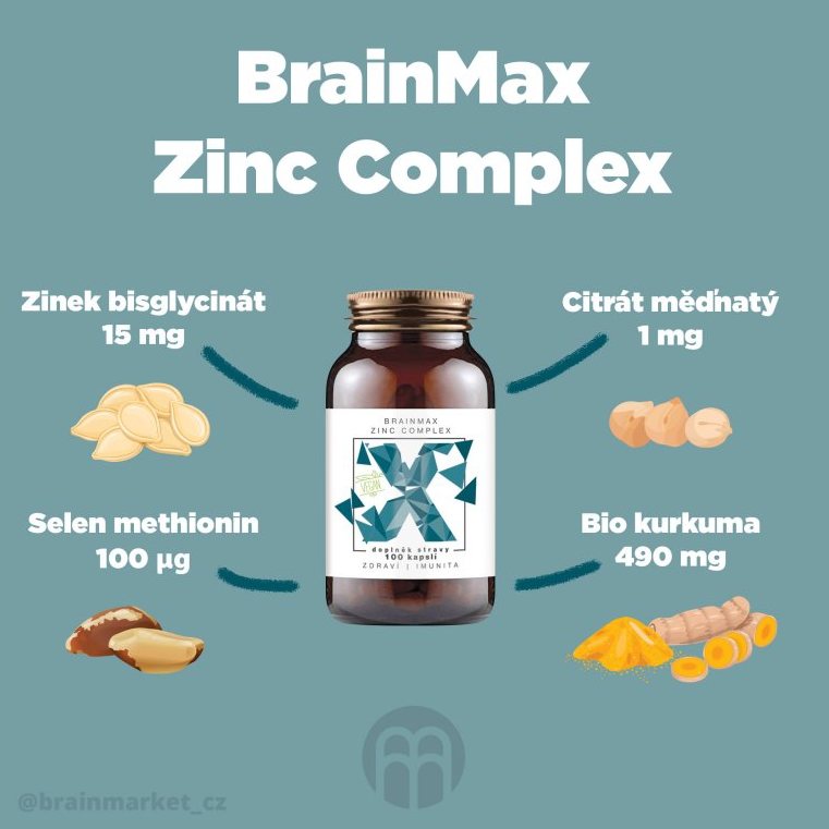 BrainMax Zinek komplex - BrainMax Zinc Complex, Zinek + Měď + Selen + Bio Kurkuma, 100 kapslí
