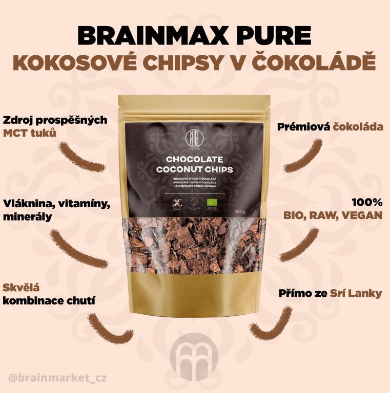 BrainMax Pure BIO Kokosové chipsy v čokoládě, 250 g
