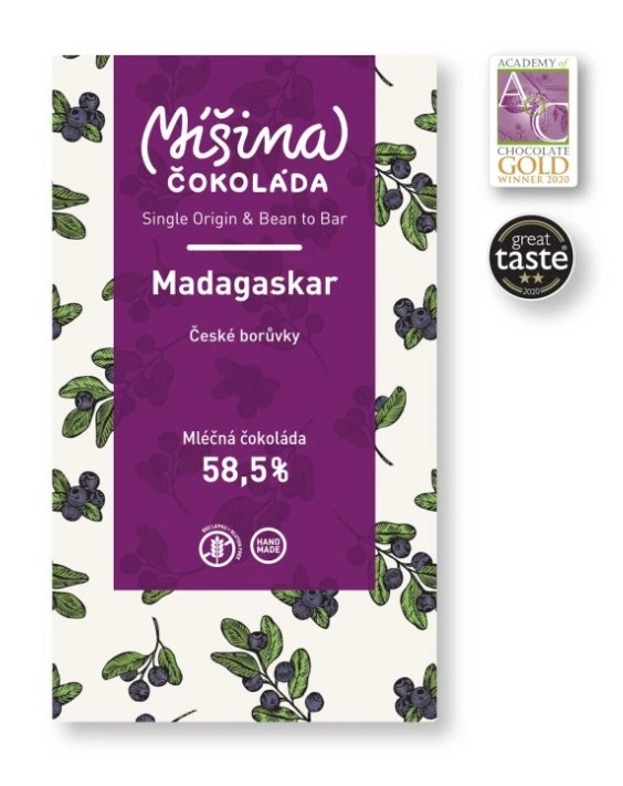 Míšina čokoláda Mléčná čokoláda 58,5 % Madagaskar s českými borůvkami 50 g