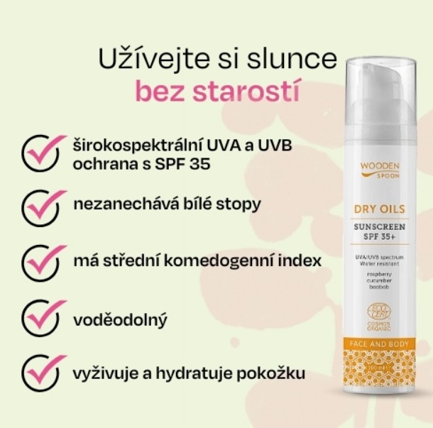 Wooden Spoon Opalovací mléko na obličej a tělo se suchými oleji SPF 35+, 100 ml