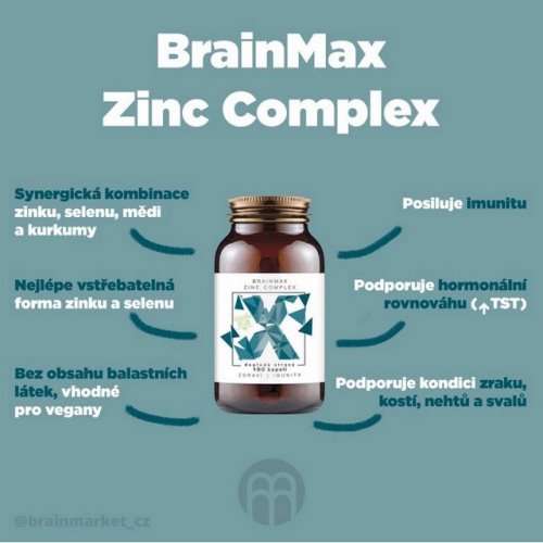 Zinek komplex - BrainMax Zinc Complex, Zinek + Měď + Selen + Bio Kurkuma, 100 vegan kapslí (imunita, ochrana buněk, hormonální podpora, kvalita pleti)