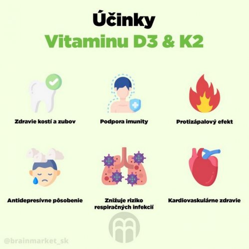 Brainmax vitamin D3+K2: D3 5000 IU + K2-MK7 150 μg v jedné kapsli, 100 kapslí (500 dávek)