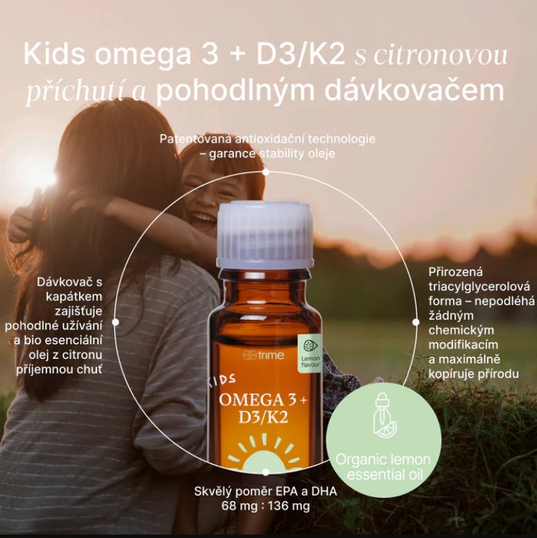 Trime Kids omega 3 + D3/K2, kapky, 31 ml - příchuť: citrón