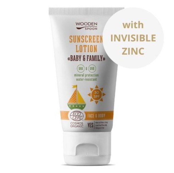 Wooden Spoon Opalovací tělové mléko v tubě Baby & Family SPF 30, 150 ml