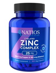 NATIOS Zinc Chelated Complex, Zinek, selen a měď, 25 mg, 100 veganských kapslí