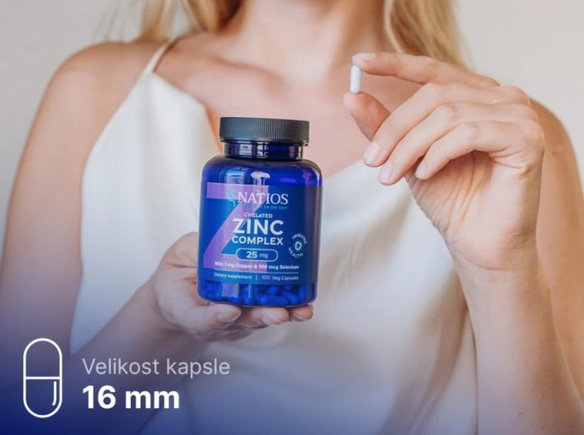 NATIOS Zinc Chelated Complex, Zinek, selen a měď, 25 mg, 100 veganských kapslí