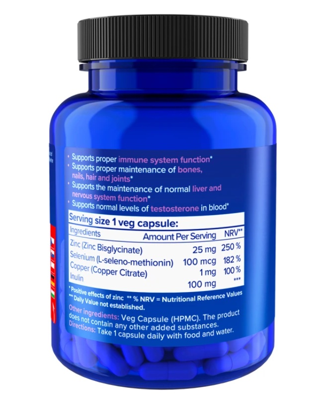 NATIOS Zinc Chelated Complex, Zinek, selen a měď, 25 mg, 100 veganských kapslí