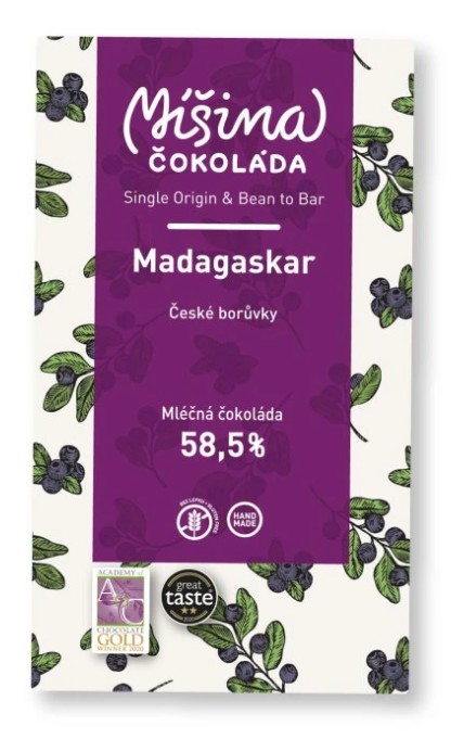 Míšina čokoláda Mléčná čokoláda 58,5 % Madagaskar s českými borůvkami 50 g