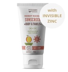 Wooden Spoon Opalovací tělové mléko Mango Baby & Family SPF 50, 150 ml