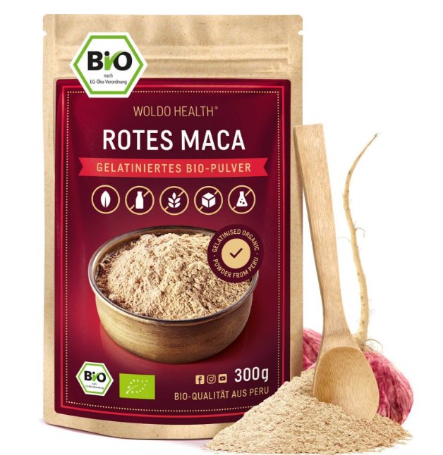 WoldoHealth Maca červená prášek BIO 300 g (hormonální rovnováha, odolnost, plodnost, energie)