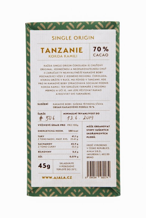 Ajala 70% čokoláda Tanzanie Kokoa Kamili 45 g
