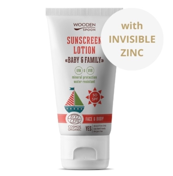 Wooden Spoon Opalovací tělové mléko v tubě Baby & Family SPF 50, 150 ml