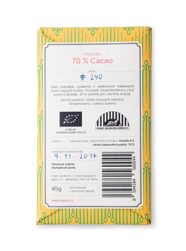 Ajala 70%  čokoláda mandle BIO 45 g